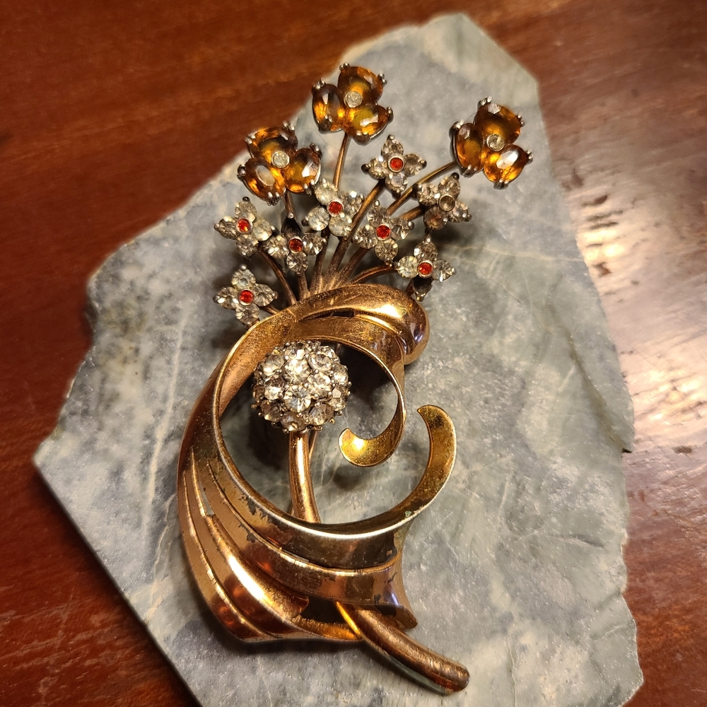 RARE Pennino Sterling Silver Rose Gold 1940s Large Pin Brooch Broach Flowers